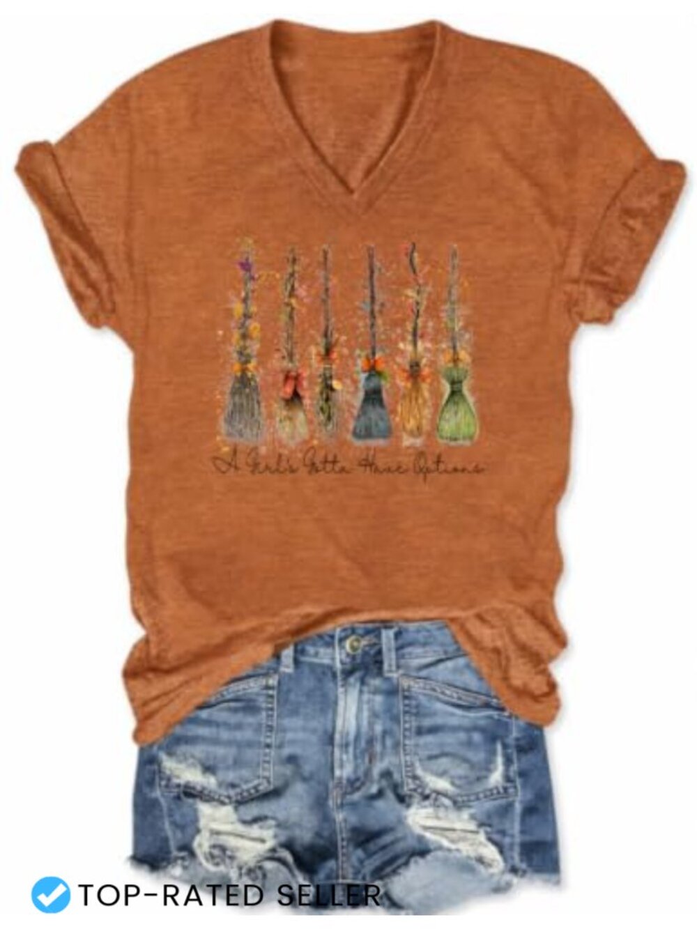 Halloween Womens V Neck T Shirt Cute Pink Witch Broom Print Short Sleeve Tee Top